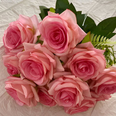 Huitich 12 head faux roses for home decor in pink with realistic green leaves artificial flowers