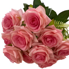 Huitich 12 head faux roses for home decor in soft pink with green leaves artificial flowers bouquet