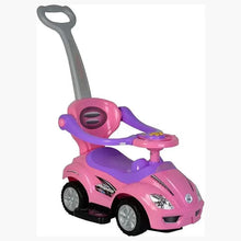 Pink and purple kids ride-on push car with long gray handle and molded seat