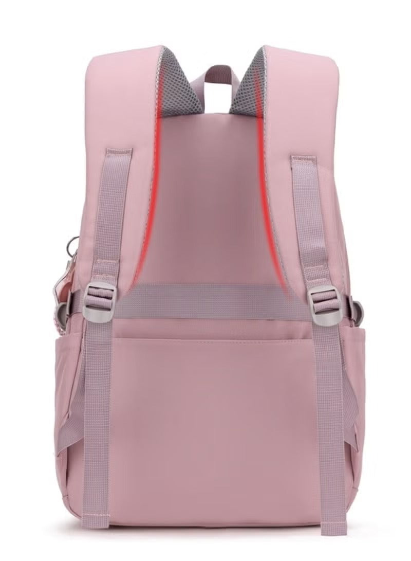 Back view of a pink and grey school backpack with adjustable straps and pockets