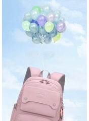 Huitich pink and grey school backpack displayed with colorful balloons in a bright sky