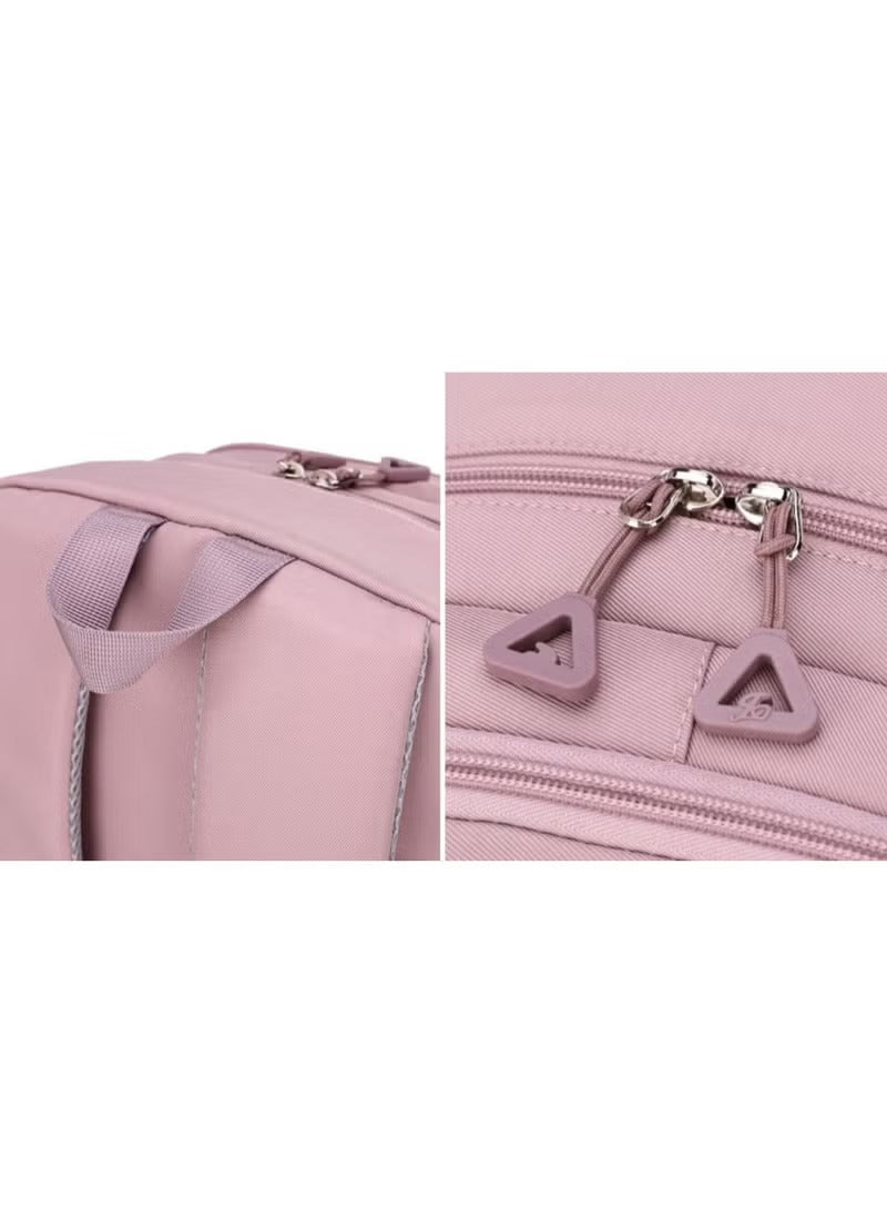 Close-up of Huitich pink and grey school backpack showing zippers and handle details