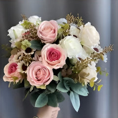Huitich pink artificial flower arrangement with pink and white roses and green foliage bouquet