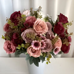Huitich pink artificial flower arrangement in white vase with various pink and burgundy blooms