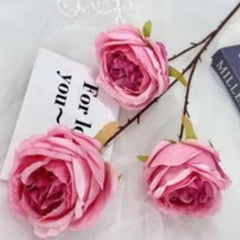 Huitich pink artificial flowers bouquet with three realistic pink blooms and green leaves on brown stems