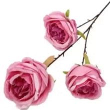Pink artificial rose bouquet with three realistic blossoms and green stems