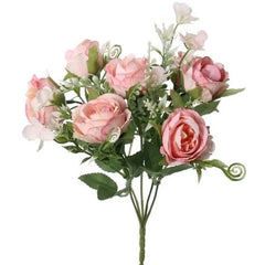 Huitich pink artificial rose bouquet with green leaves and delicate white accents for home decor