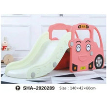 Pink bus-themed kids slide with white slide ramp and smiling bus front