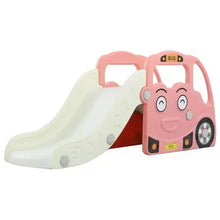 Pink bus-themed kids slide with white ramp and bus front handle