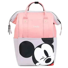 Pink travel diaper bag with handles, “hello” text, and cartoon mouse face on front.