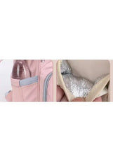 Pink baby travel backpack interior with insulated compartment and silver lining