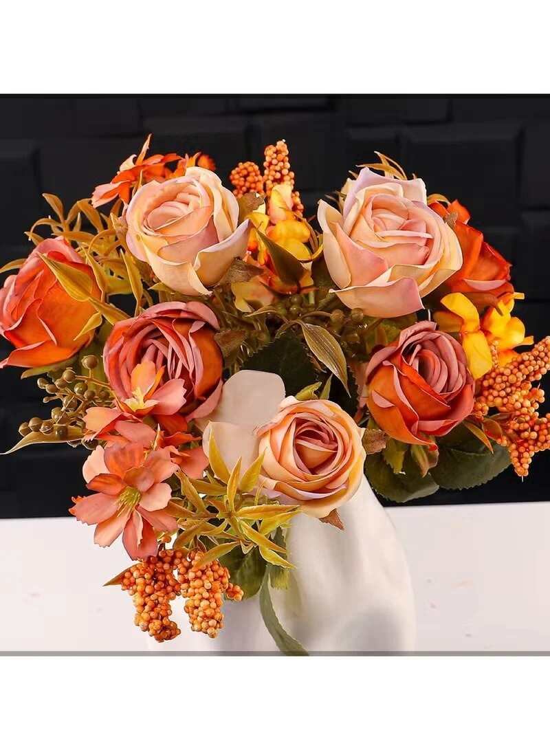 Pink faux rose bunch for home decor by Huitich with peach and orange roses in white vase