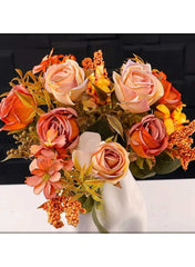 Pink faux rose bunch for home decor by Huitich with peach and orange roses in white vase