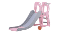 Kids plastic playground slide with pink frame and gray slide, front view