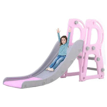 Kids play slide with pink frame and gray chute, shown with a child