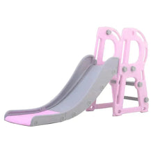 Kids plastic playground slide with pink side supports and gray curved chute