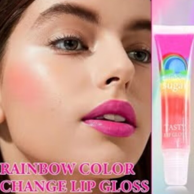 Huitich rainbow lip gloss tube with bright pink lip gloss applied on model lips