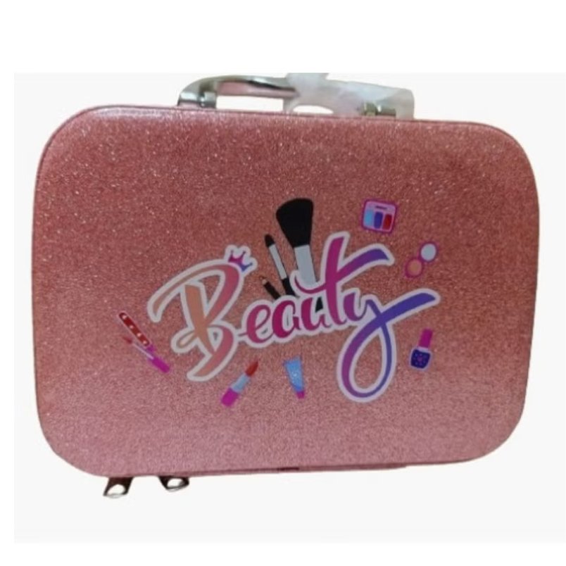 Huitich pink makeup kit box with glittery finish and beauty-themed icons storage case