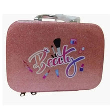 Pink glitter makeup kit storage case with top handle and Beauty graphic