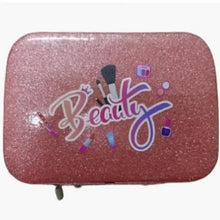 Pink glitter makeup kit storage case with Beauty graphic