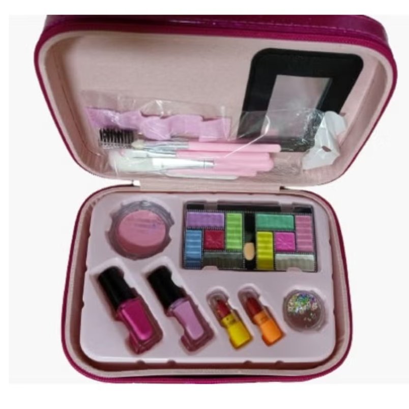 Huitich pink makeup kit box with brushes, nail polish, eyeshadows, and mirror for organized storage