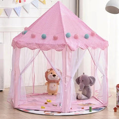 Pink princess tent for girls with polka dot roof and mesh sides featuring plush toys inside