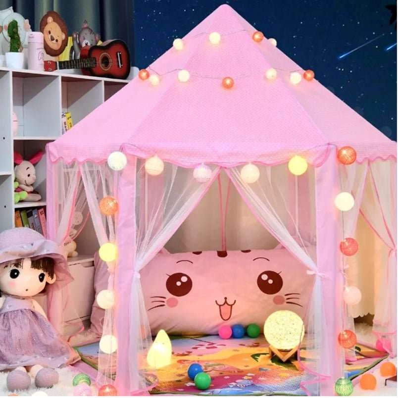 Huitich pink princess tent for girls with sheer curtains and decorative string lights in a playroom