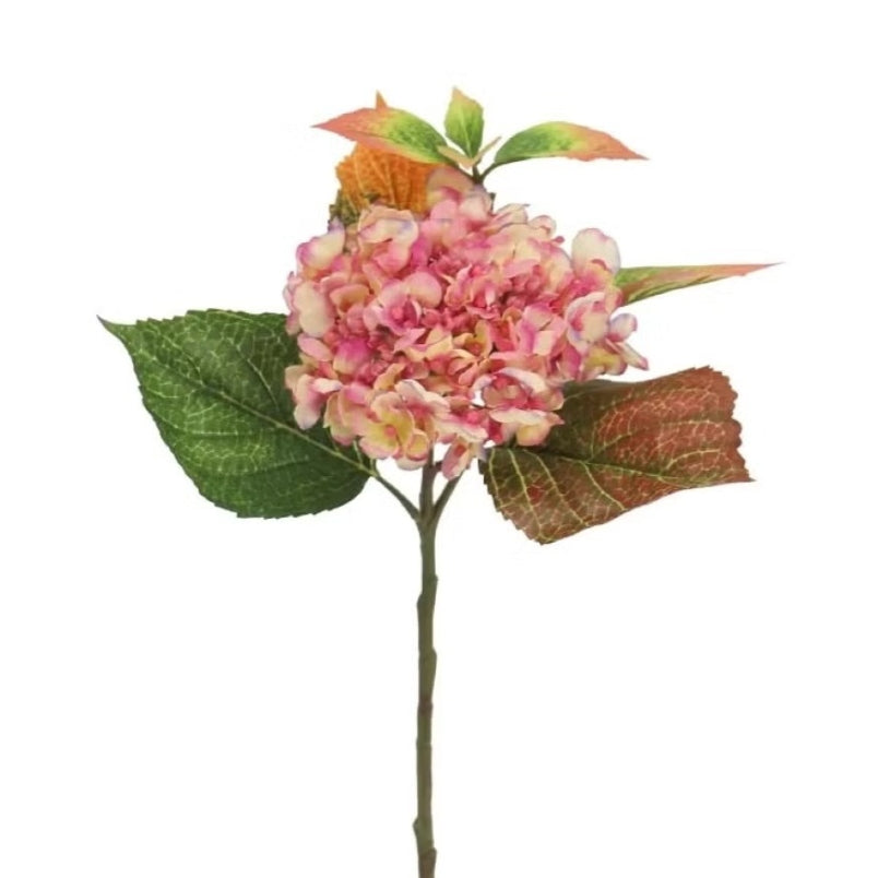 Huitich pink silk hydrangea bouquet with detailed pink flowers and green and autumn leaves