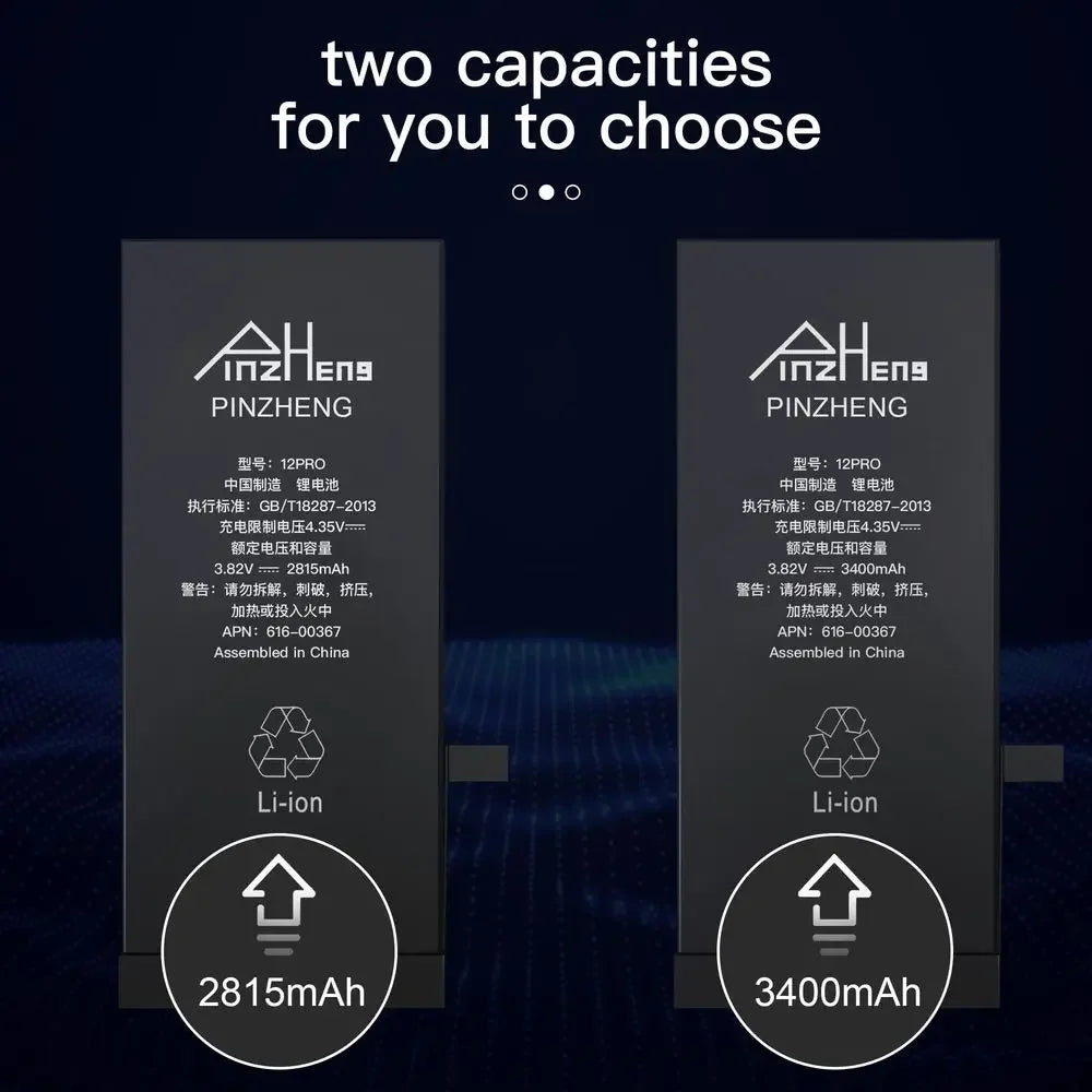 Mumzar Pinzheng Li ion high capacity iPhone replacement battery comparison showing 2815mAh and 3400mAh options