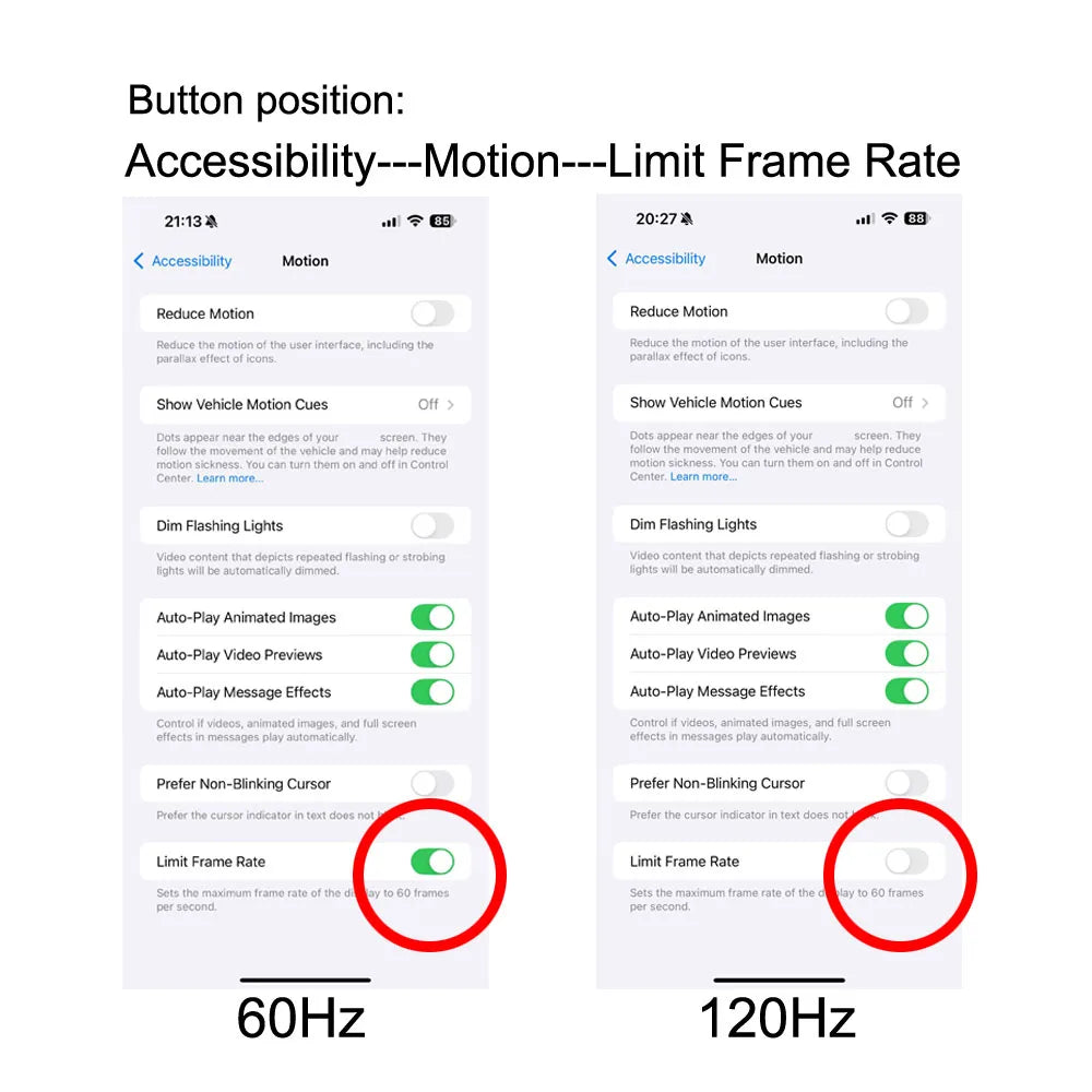 Mumzar iPhone 14 Pro replacement screen showing Accessibility Motion Limit Frame Rate toggle 60Hz vs 120Hz comparison