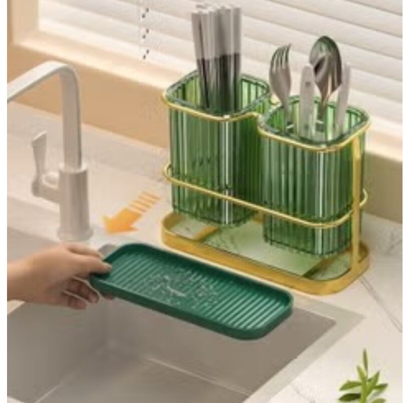 Chopstick and Knife Holder Gold and Green - Dual Compartment Kitchen Organizer