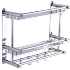 Stainless Steel Wall-Mounted Bathroom Shelf with Towel Bar - Silver