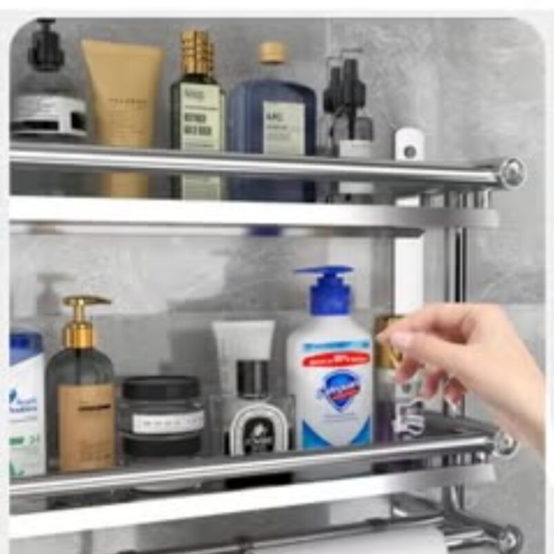 Stainless Steel Wall-Mounted Bathroom Shelf with Towel Bar - Silver