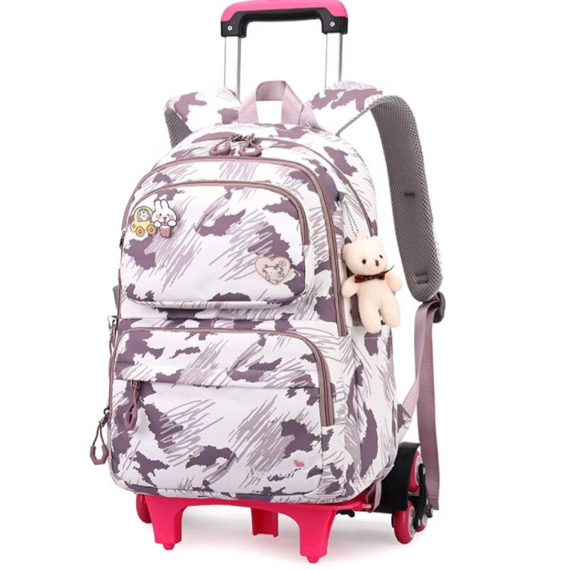 Cartoon Backpack Purple Children's Rolling Trolley with Plush Toy