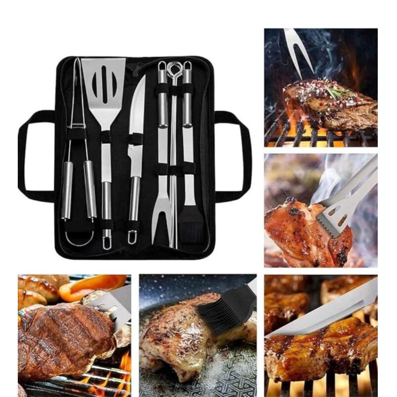 9-Piece Stainless Steel BBQ Accessories Set with Storage Bag - Black