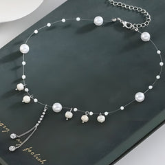 Faux Pearl Arrangement on Transparent Wire - Pearl and Crystal Pendant Necklace