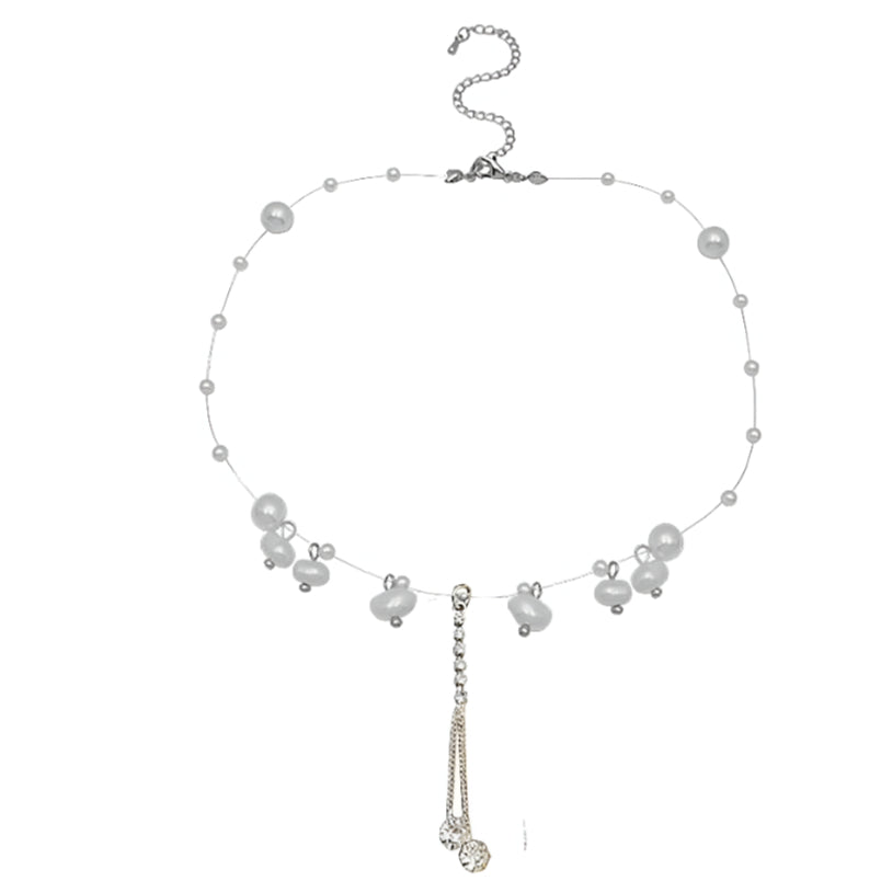 Faux Pearl Arrangement on Transparent Wire - Pearl and Crystal Pendant Necklace