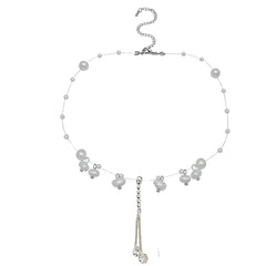 Faux Pearl Arrangement on Transparent Wire - Pearl and Crystal Pendant Necklace