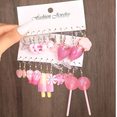 Cute Charm Dangle Earring Set - Pink Small Charms with Ice Cream & Cocktail Glass