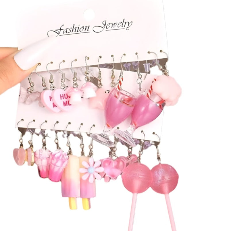 Cute Charm Dangle Earring Set - Pink Small Charms with Ice Cream & Cocktail Glass