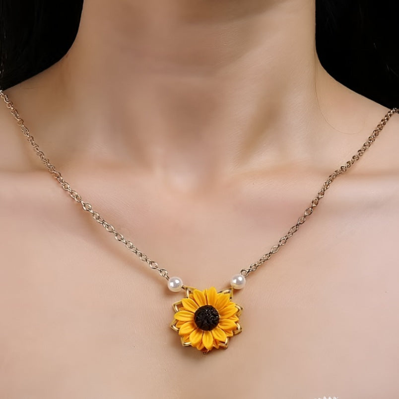 Sunflower Pendant Necklace with Pearl Accents – Yellow