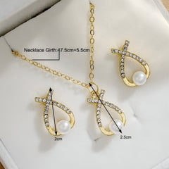 Gold Alloy Necklace and Earrings Set with Crystals and Pearls