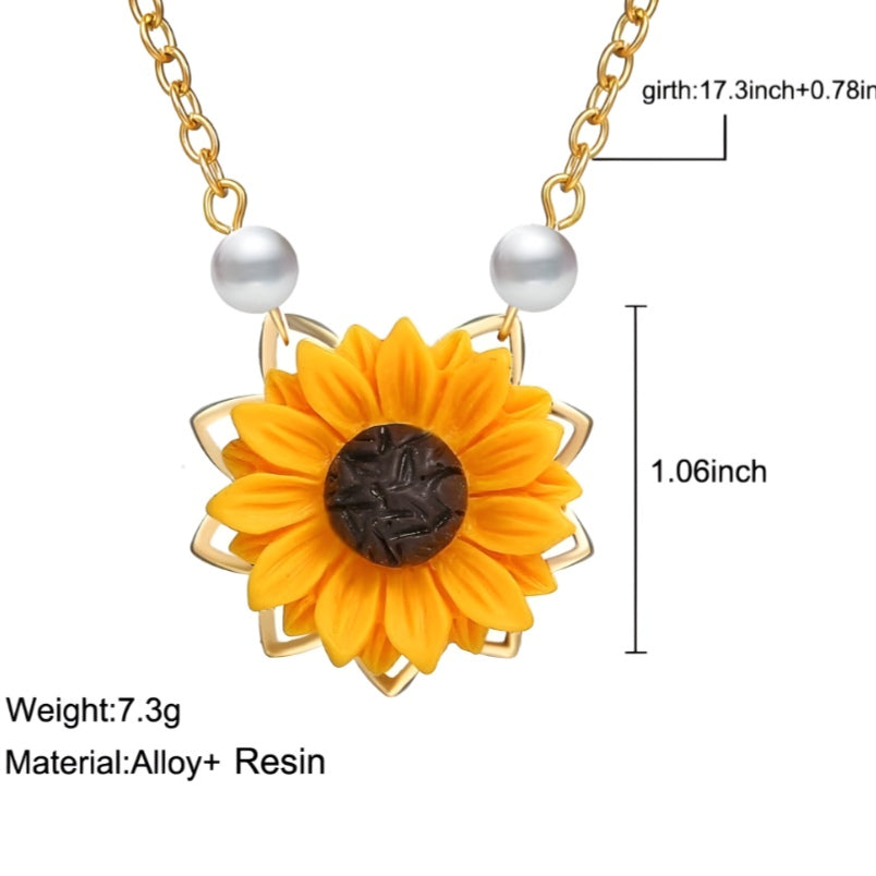 Sunflower Pendant Necklace with Pearl Accents – Yellow