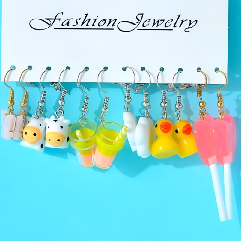 Fun & Cute Dangle Earrings Set - 6 Pairs with Colorful Designs