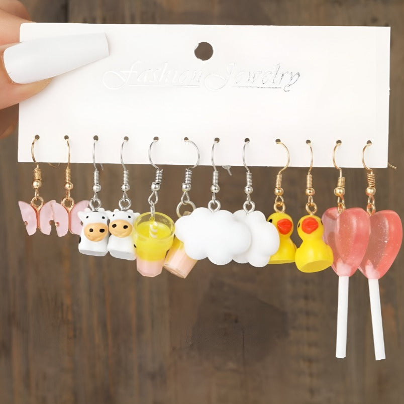 Fun & Cute Dangle Earrings Set - 6 Pairs with Colorful Designs