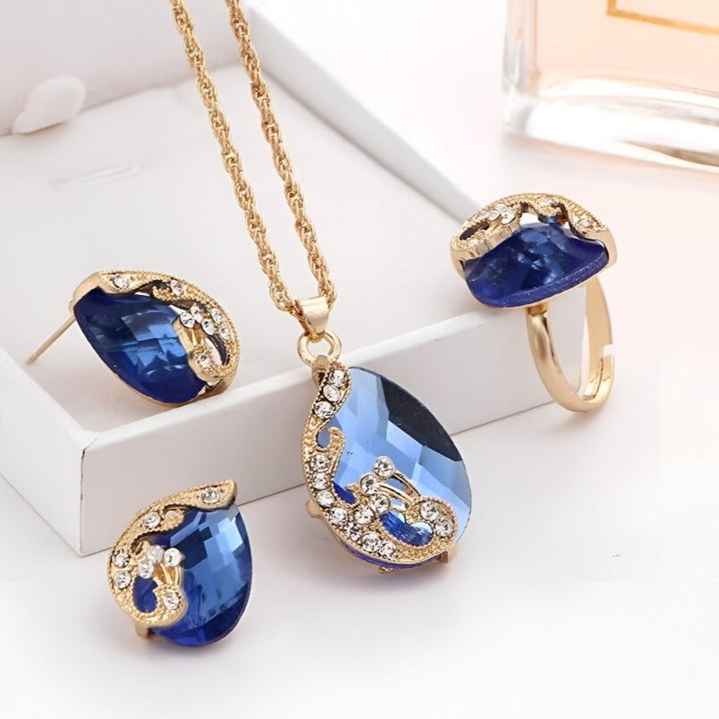 Three-Piece Jewelry Set for Women - Pendant Necklace, Earrings, and Ring - Blue