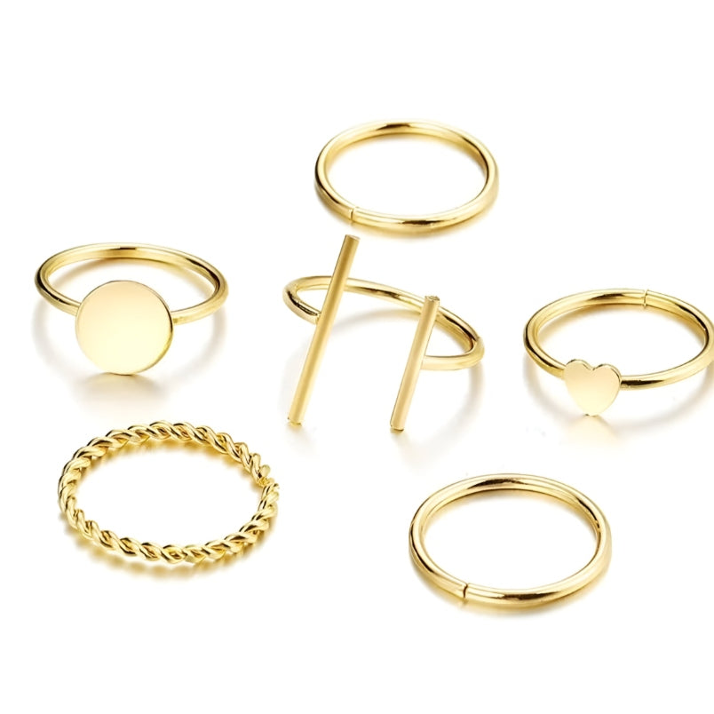 6 Pcs Multi-Size Elegant Fashion Rings Set - Gold