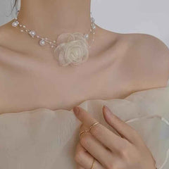 White Rose Pearl Choker Necklace