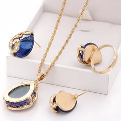 Three-Piece Jewelry Set for Women - Pendant Necklace, Earrings, and Ring - Blue