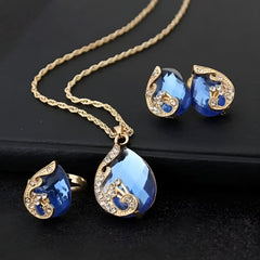 Three-Piece Jewelry Set for Women - Pendant Necklace, Earrings, and Ring - Blue